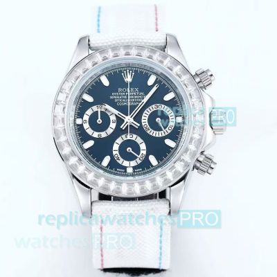 AAA Replica 43mm Rolex Daytona Mist Blue Dial Diamond Quartz Chronograph Watch 